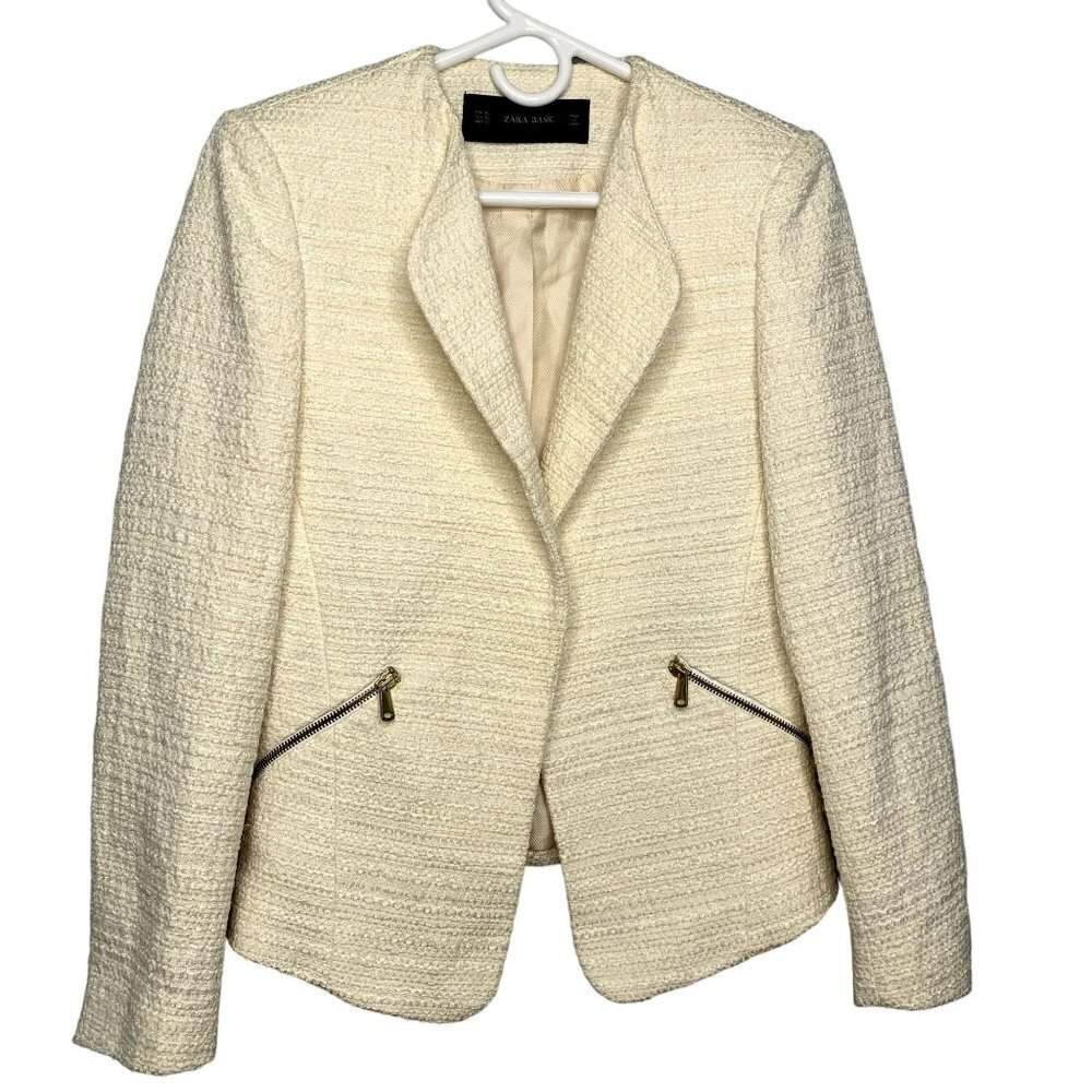 Zara Basic Open Front Long Sleeve Lined Blazer Jacket SZ XS Ivory Pockets